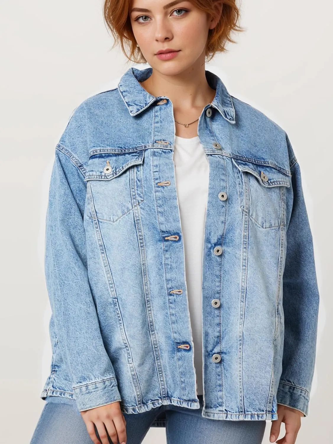 VANGULL Women's Oversized Denim Jacket Plus Size Vintage Long Sleeves Button Down with Pockets