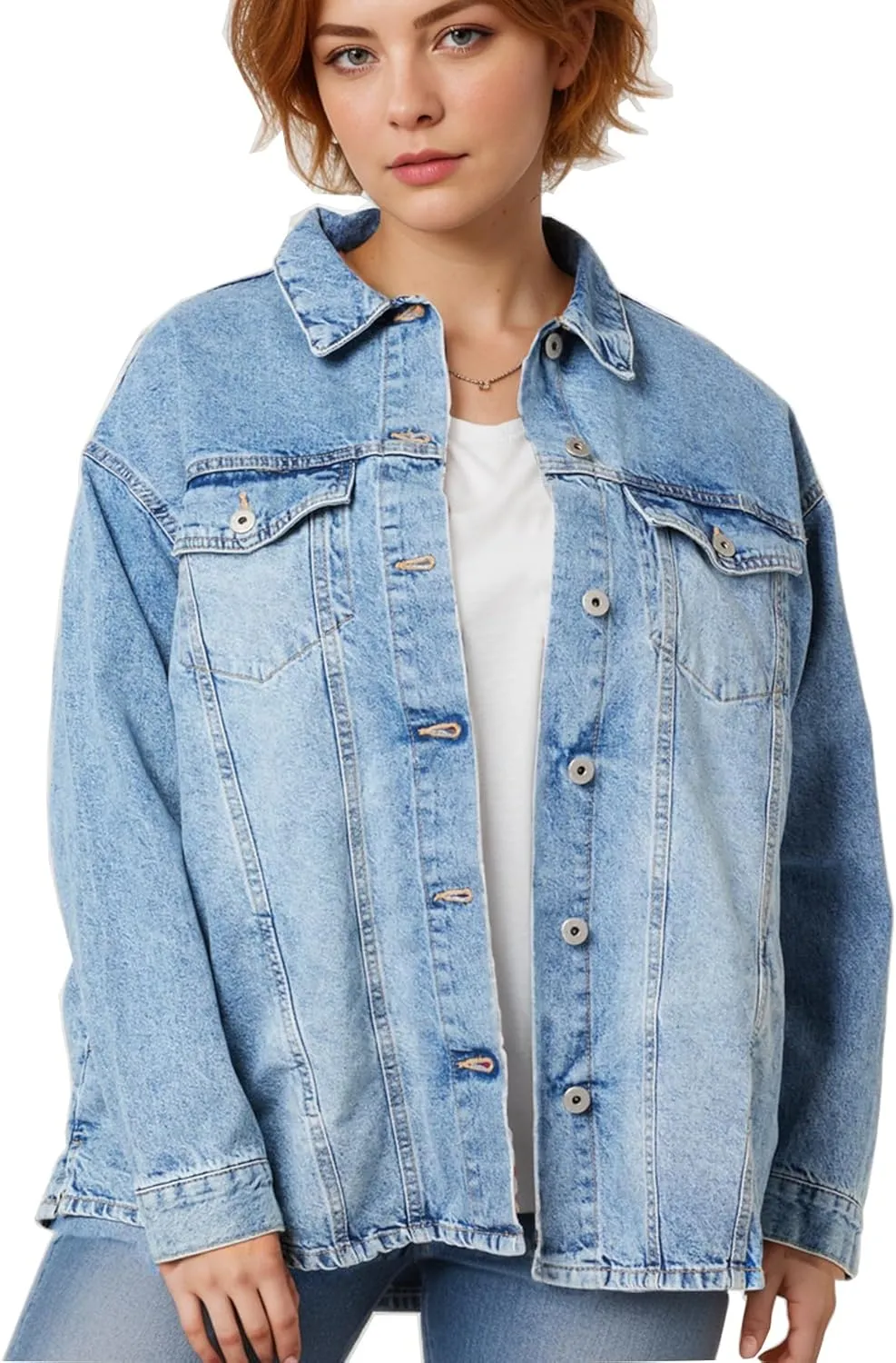 VANGULL Women's Oversized Denim Jacket Plus Size Vintage Long Sleeves Button Down with Pockets