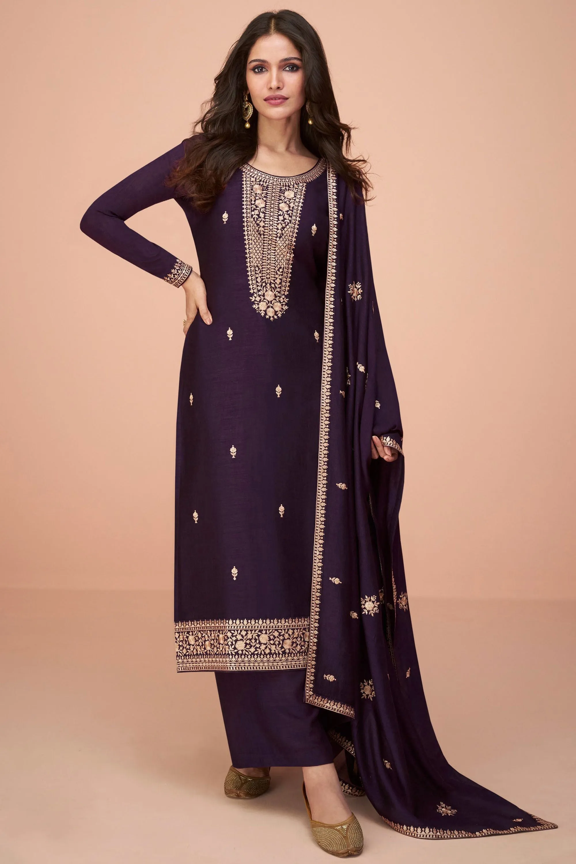 Vartika Singh Embellished Embroidered Work On Purple Color Art Silk Fabric Palazzo Suits