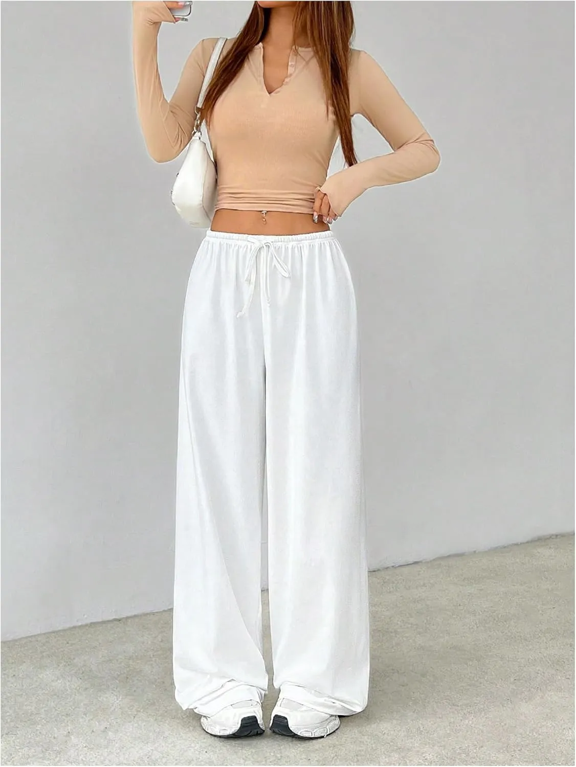 Verdusa Women's Loose Wide Leg Sweatpants Elastic Drawstring Waist Casual Long Pants