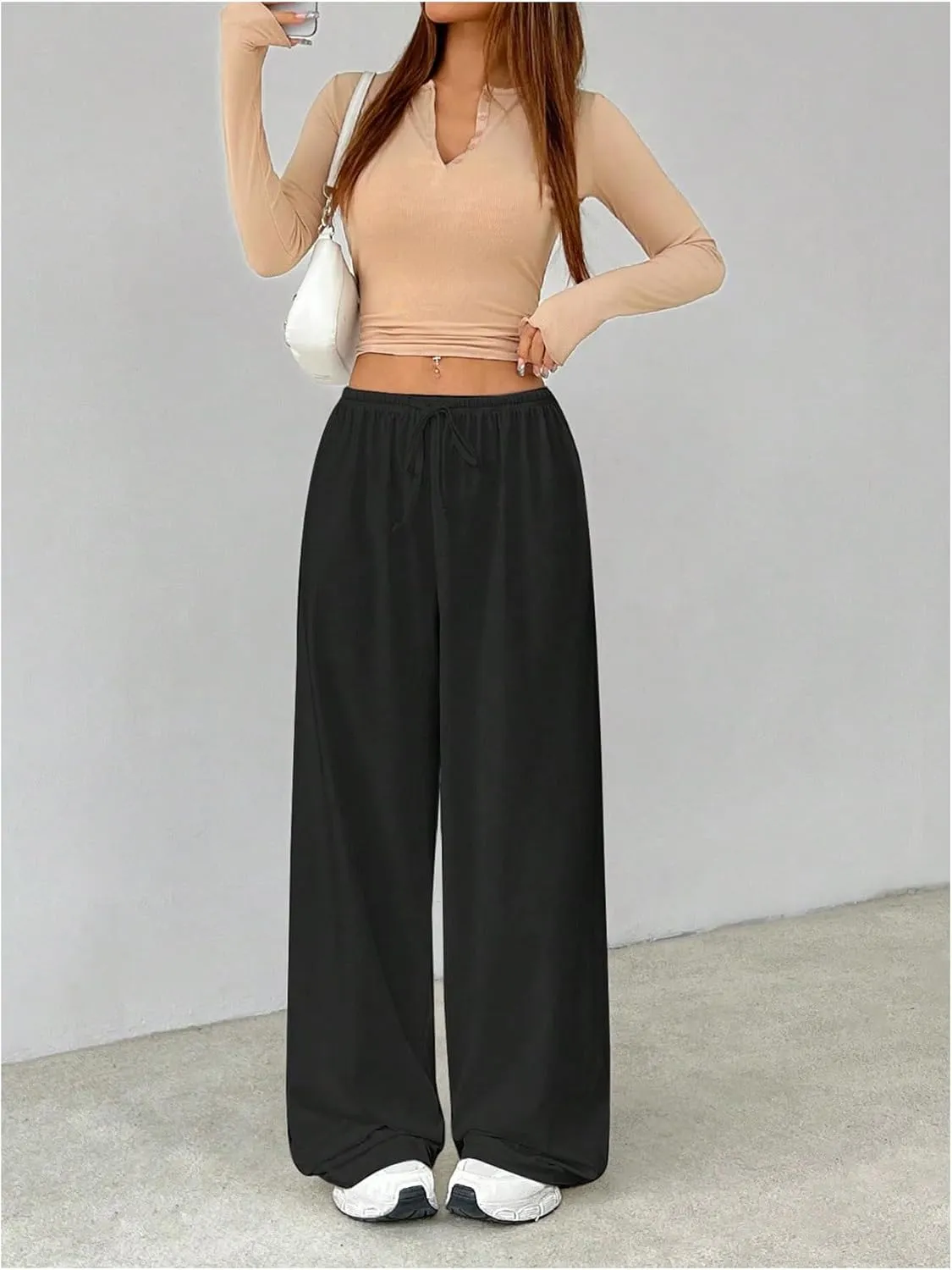 Verdusa Women's Loose Wide Leg Sweatpants Elastic Drawstring Waist Casual Long Pants