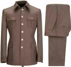 Vintage Style Cotton Twill Safari Jacket and Pants Set, Khaki Brown