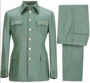 Vintage Style Cotton Twill Safari Jacket and Pants Set, Khaki Brown