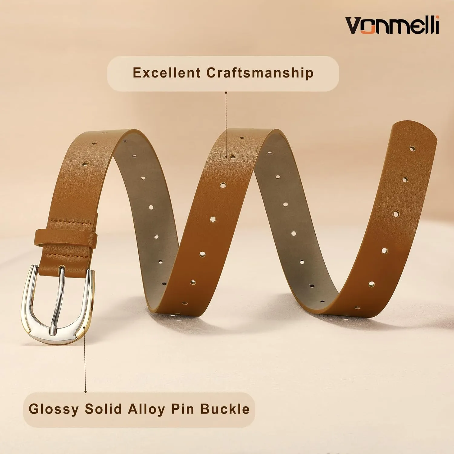 VONMELLI Women Leather Belt for Pants Jeans Dresses Ladies Belts with Fashion Gold Silver Buckle