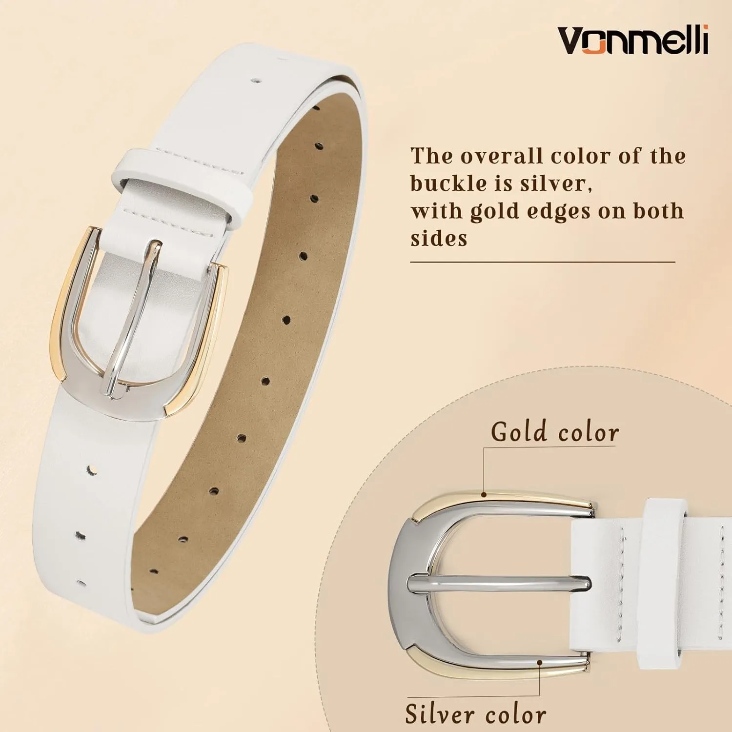 VONMELLI Women Leather Belt for Pants Jeans Dresses Ladies Belts with Fashion Gold Silver Buckle