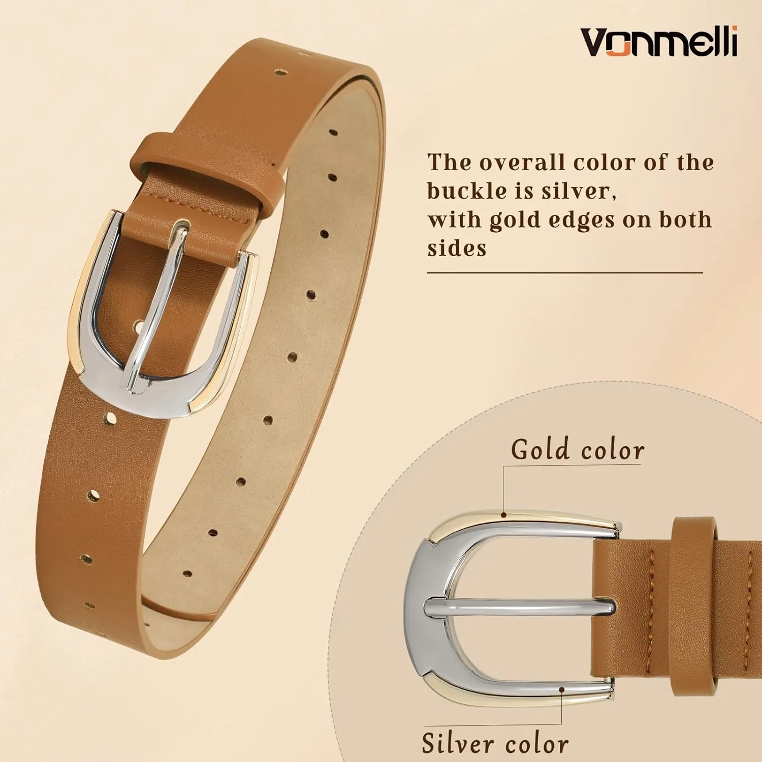 VONMELLI Women Leather Belt for Pants Jeans Dresses Ladies Belts with Fashion Gold Silver Buckle