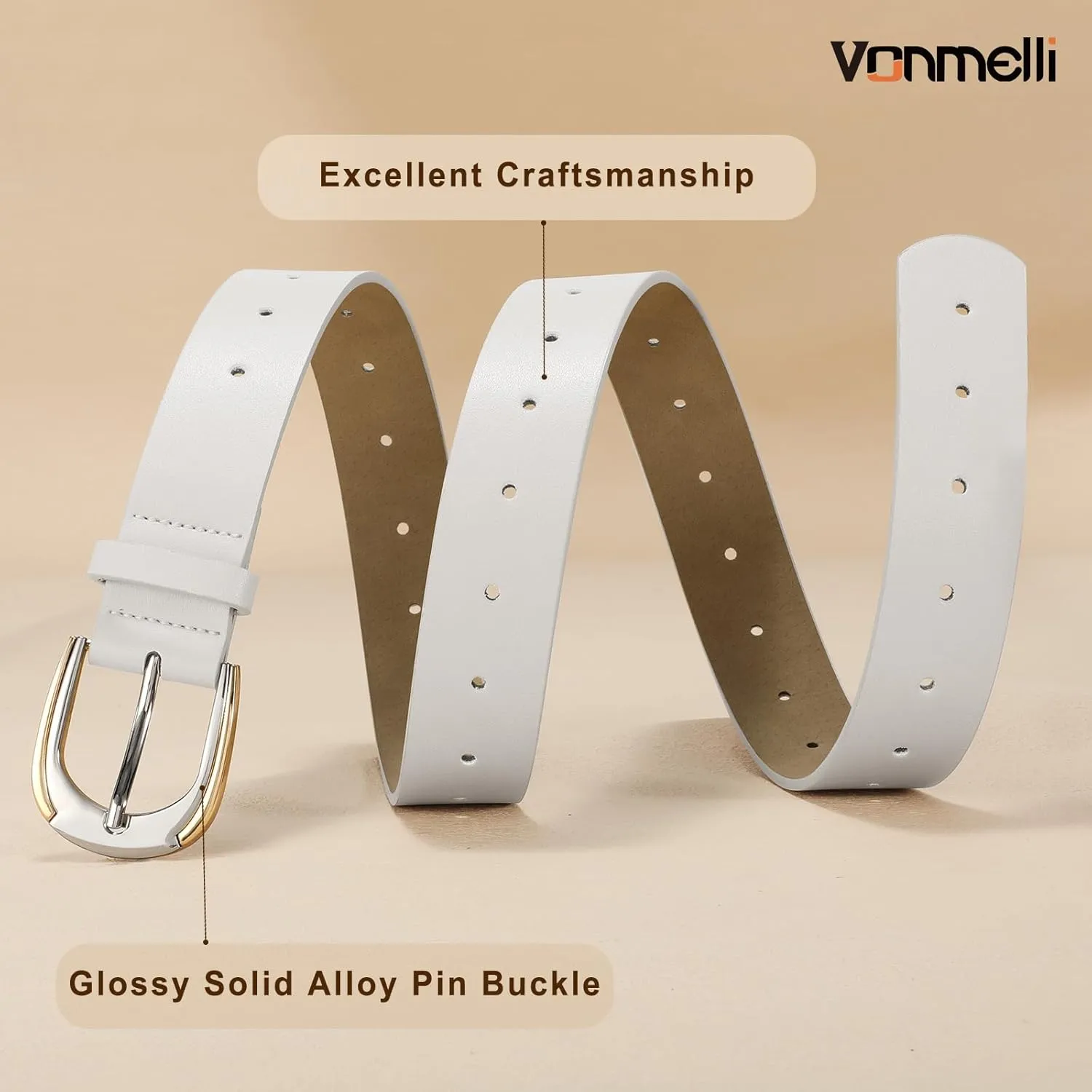 VONMELLI Women Leather Belt for Pants Jeans Dresses Ladies Belts with Fashion Gold Silver Buckle