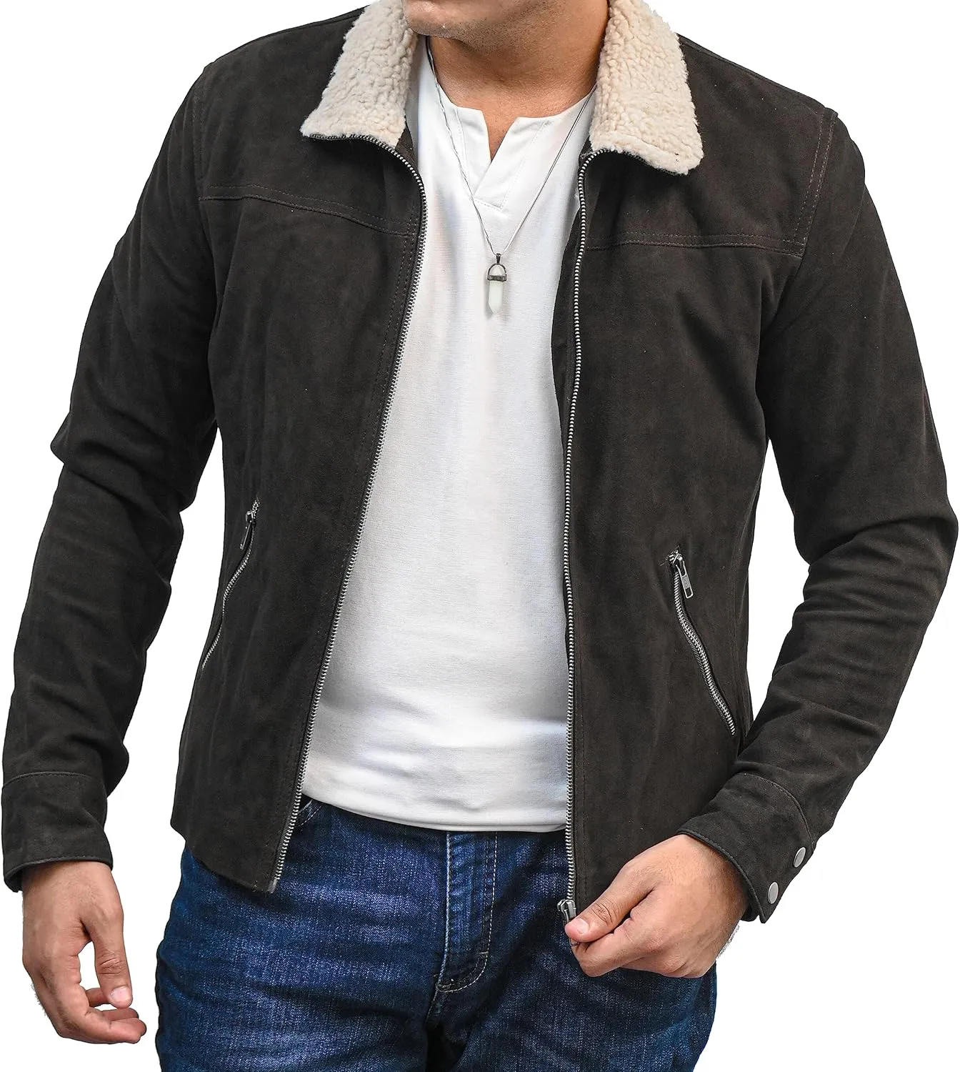 Walking Dead Rick Grimes Jacket Andrew Lincoln Fur Collar Brown Suede Leather Costume Adult Men
