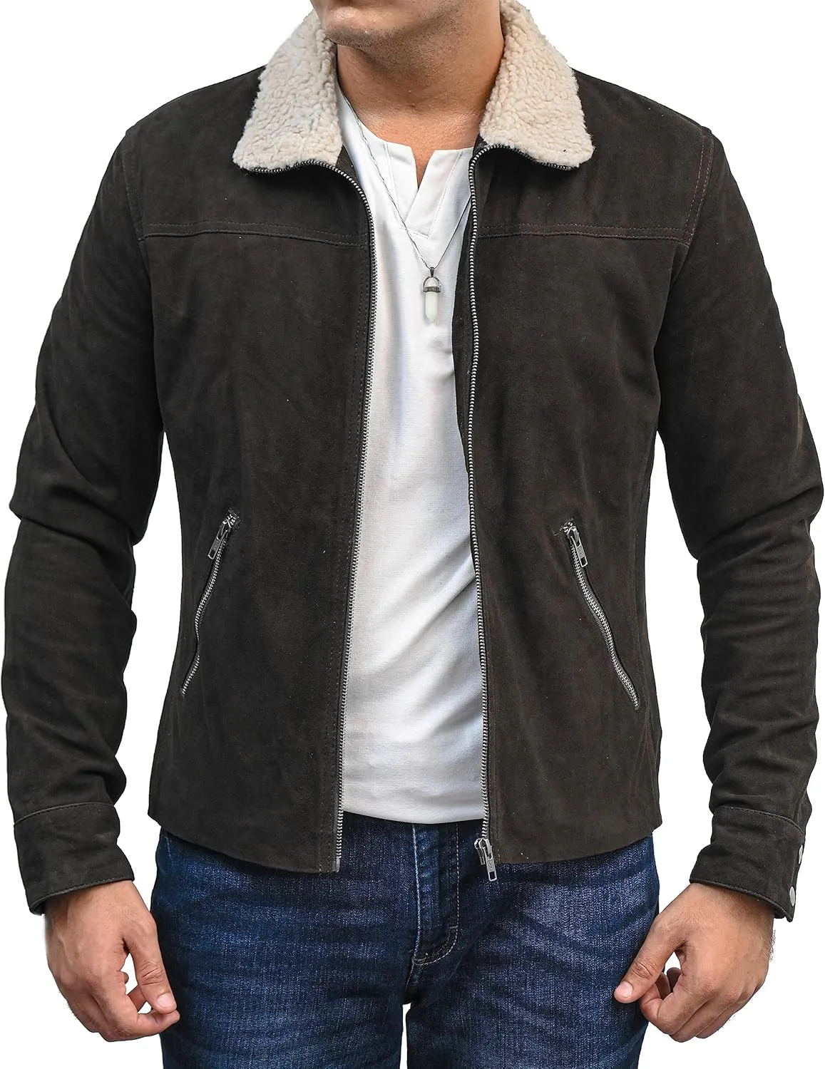 Walking Dead Rick Grimes Jacket Andrew Lincoln Fur Collar Brown Suede Leather Costume Adult Men