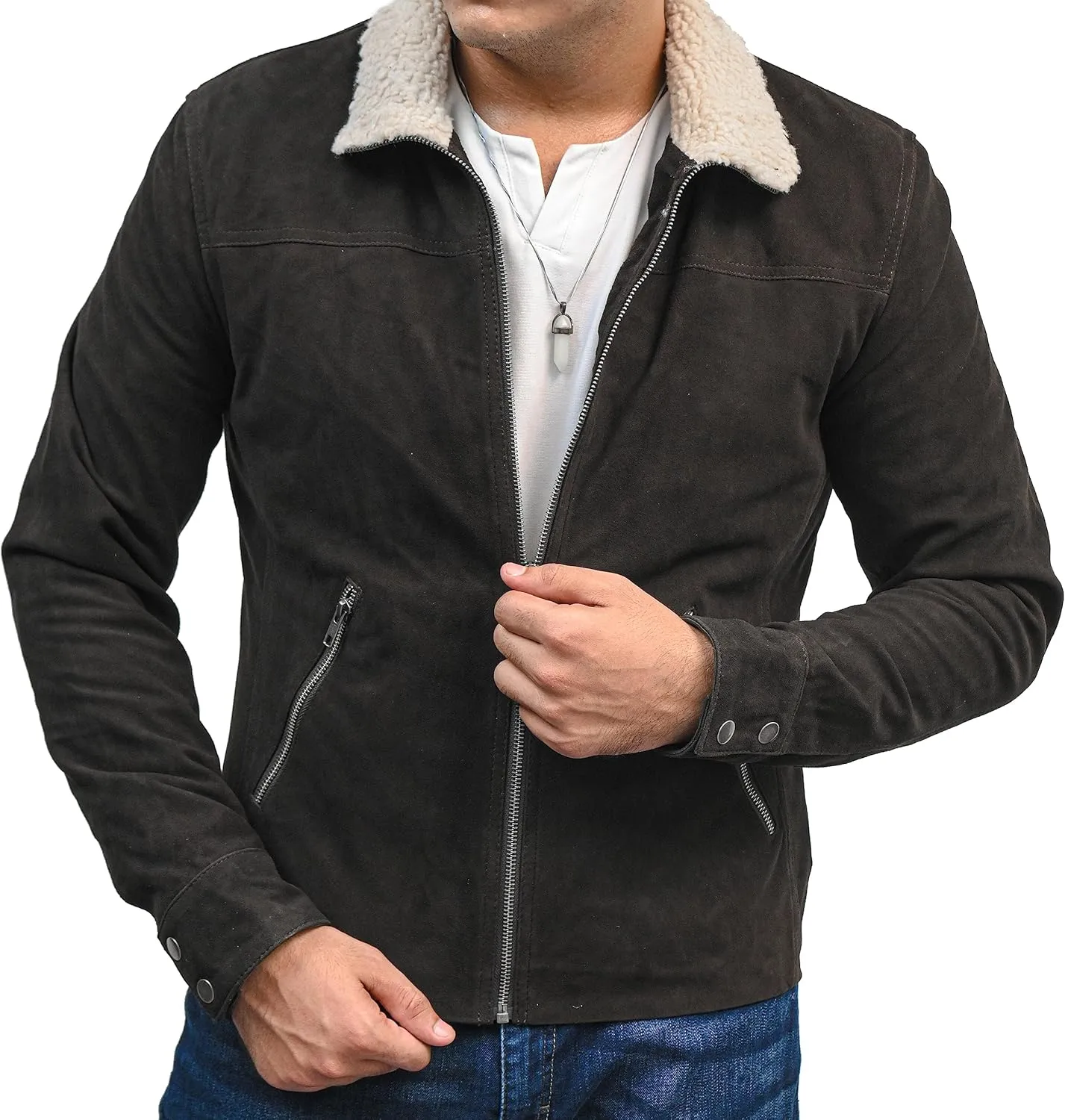 Walking Dead Rick Grimes Jacket Andrew Lincoln Fur Collar Brown Suede Leather Costume Adult Men