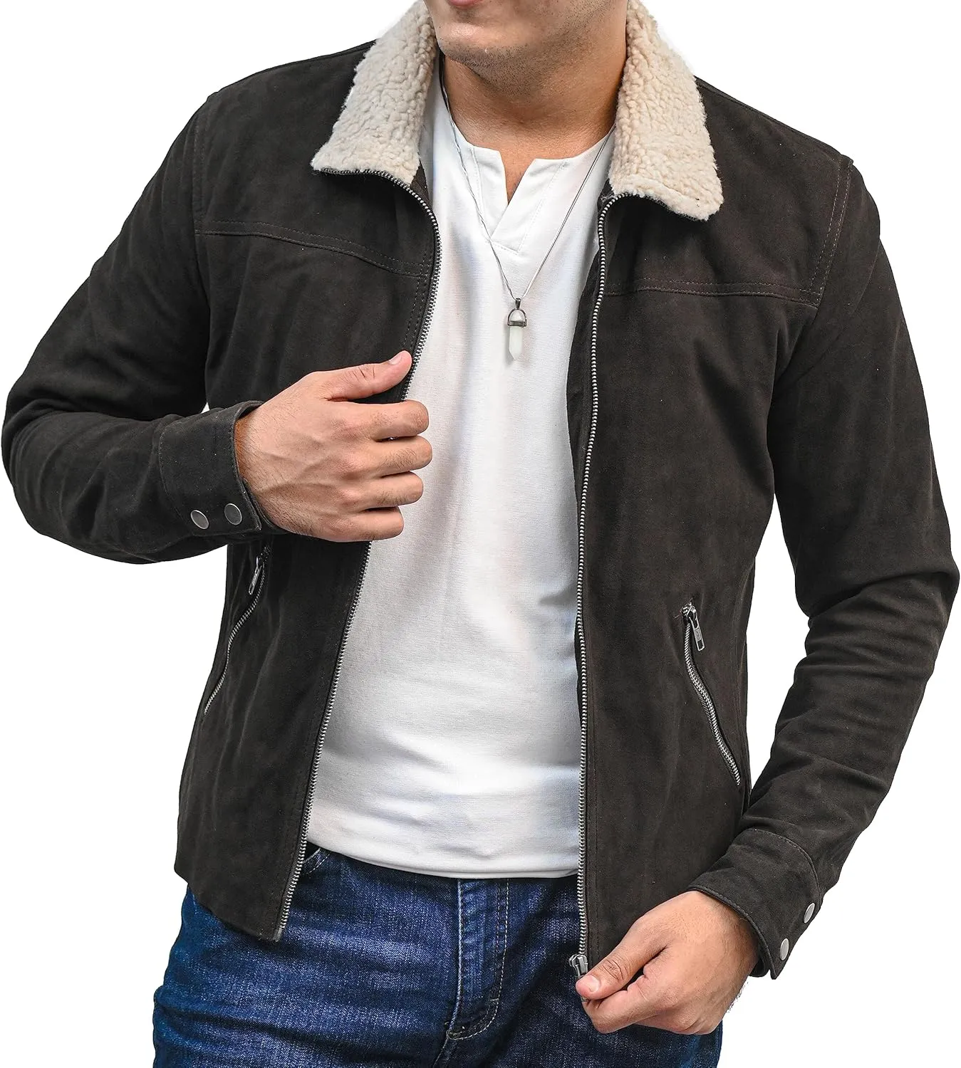 Walking Dead Rick Grimes Jacket Andrew Lincoln Fur Collar Brown Suede Leather Costume Adult Men