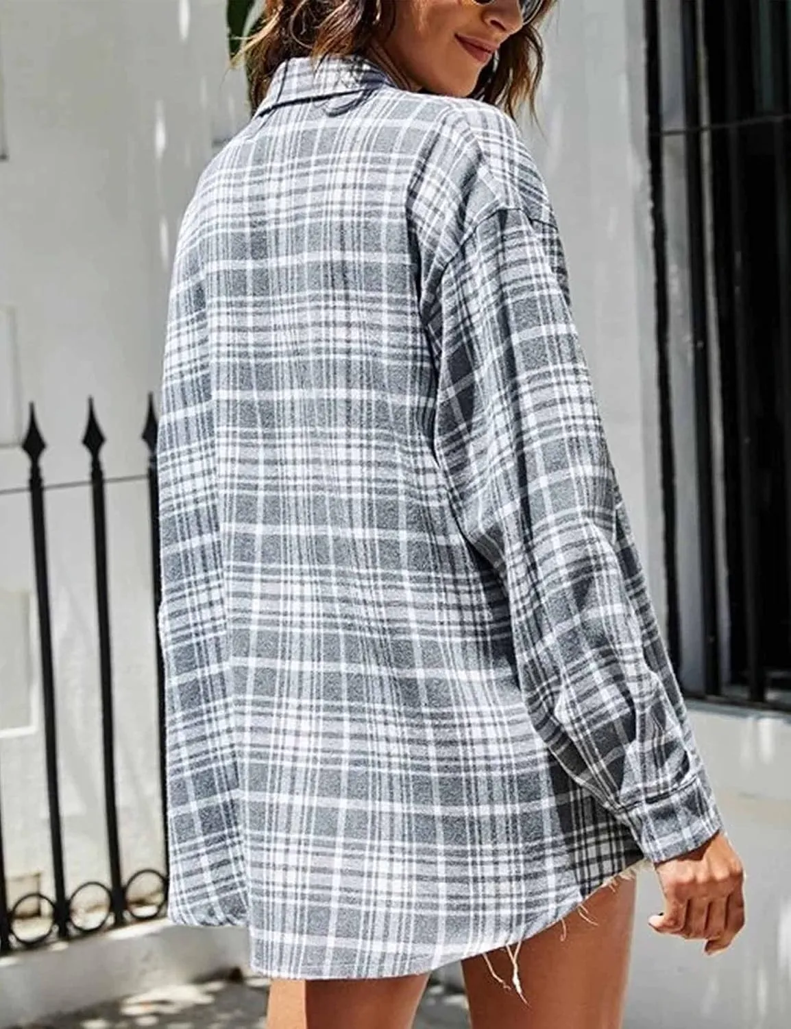 Wanzetaly Womens Casual Oversized Flannel Plaid Button Down Long Sleeve Shirts Fashion Blouse Tops with Pocket