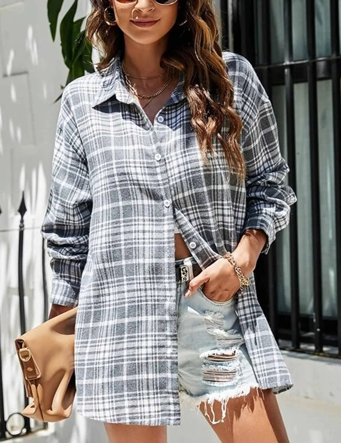 Wanzetaly Womens Casual Oversized Flannel Plaid Button Down Long Sleeve Shirts Fashion Blouse Tops with Pocket