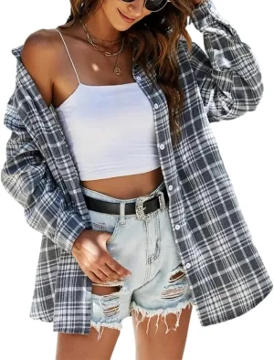 Wanzetaly Womens Casual Oversized Flannel Plaid Button Down Long Sleeve Shirts Fashion Blouse Tops with Pocket