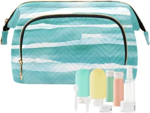 Watercolor Green Stripes Wide-open & Large Capacity Cosmetic Bags with Travel Bottle, Efficient Storage Toiletry Bag Easy to Travel and Carry