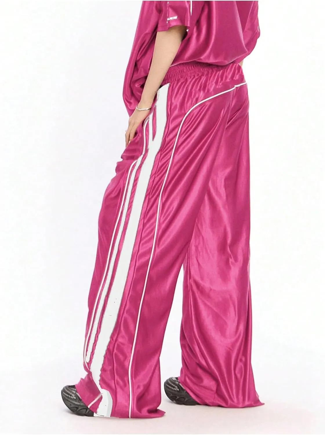 WDIRARA Women's Side Striped Wide Leg Sweatpants Elastic High Waist Track Pants Streetwear Jogger