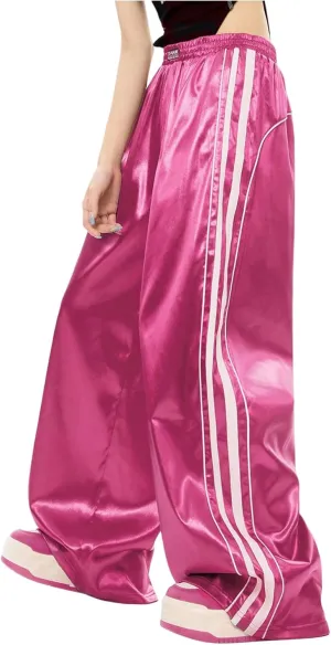 WDIRARA Women's Side Striped Wide Leg Sweatpants Elastic High Waist Track Pants Streetwear Jogger
