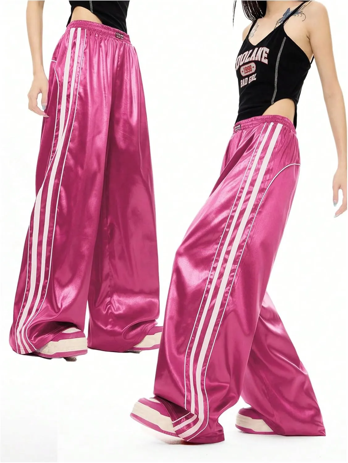 WDIRARA Women's Side Striped Wide Leg Sweatpants Elastic High Waist Track Pants Streetwear Jogger