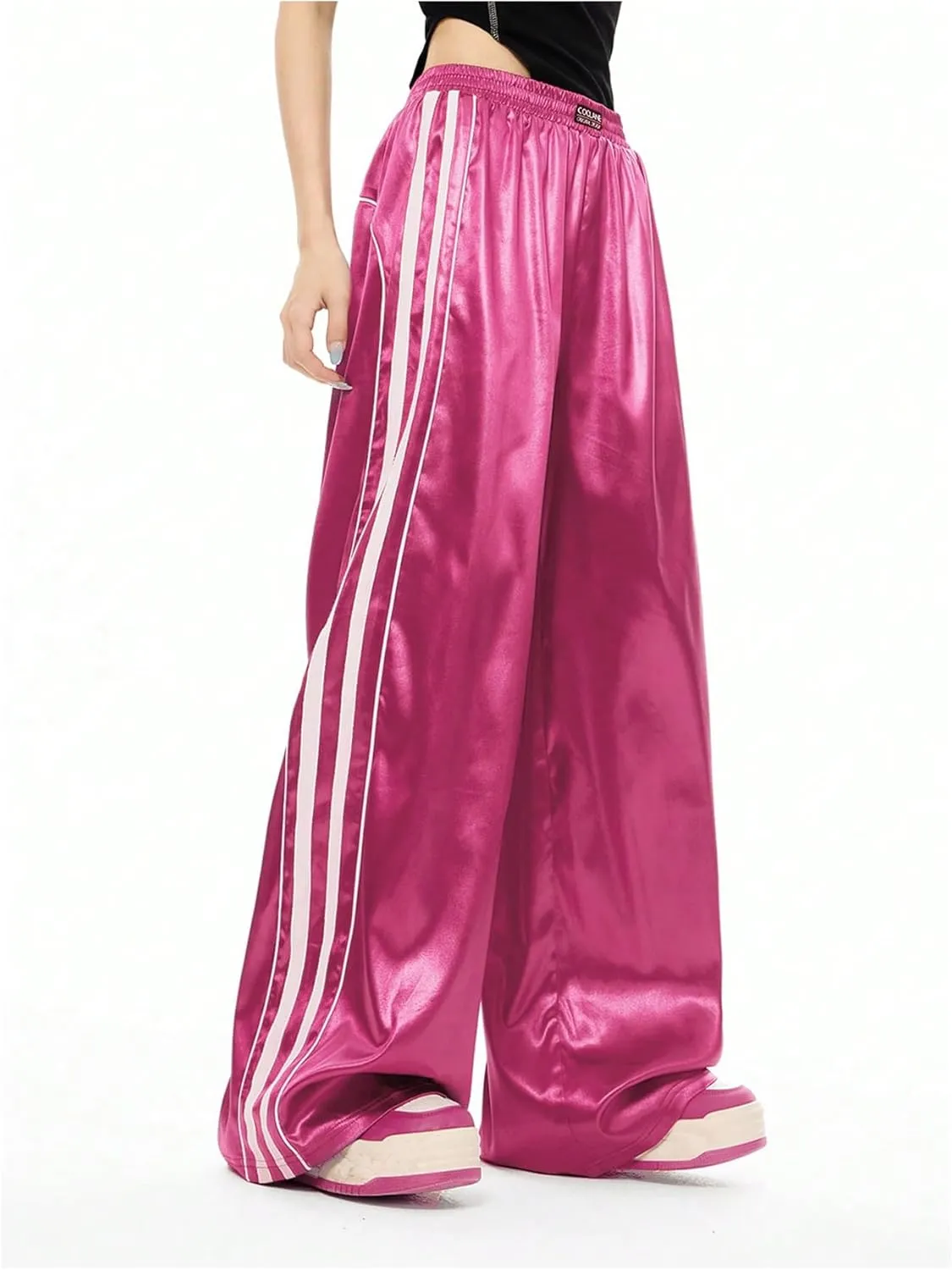 WDIRARA Women's Side Striped Wide Leg Sweatpants Elastic High Waist Track Pants Streetwear Jogger