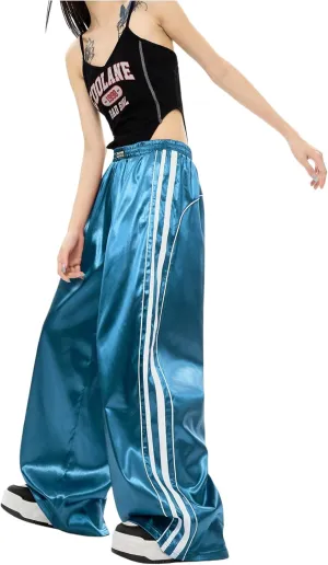 WDIRARA Women's Side Striped Wide Leg Sweatpants Elastic High Waist Track Pants Streetwear Jogger