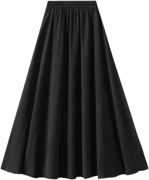 Women Basic Long Skirt High Waist Casual Midi A-Line Skirts Solid Elastic Waist Pleated Skirt