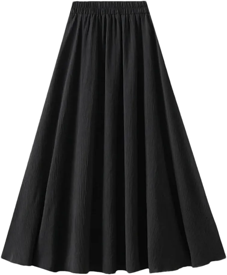 Women Basic Long Skirt High Waist Casual Midi A-Line Skirts Solid Elastic Waist Pleated Skirt