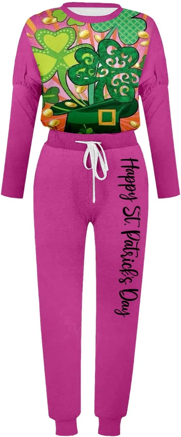 Women Casual Autumn and Winter Fashion Printed Round Neck Long Sleeve Pocket Drawstring Elastic Waist Pants Fuzzy