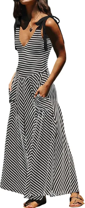 Women Casual Summer Dresses Smocked V Neck Beach Dress Striped Sleeveless Sundress Flowy Long Dress with Pockets Black