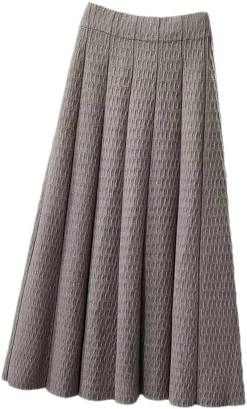 Women High Waist Knitted Midi Skirt Simple Solid Pleated Skirts Med-Long A-Line Midi Skirt gray9 XXL