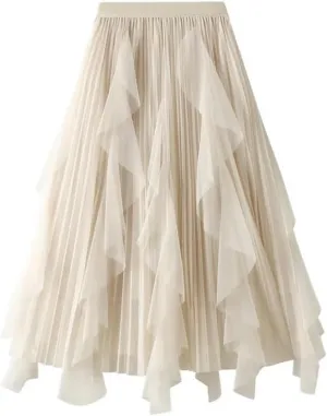 Women High Waist Ruffles Spliced Mesh Pleated Midi Long Skirt Loose Tulle MeshSkirts