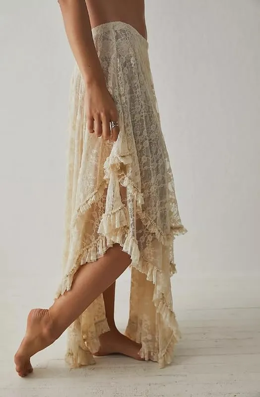 Women Lace Ruffle Courtship Half Slip Elastic Waist Asymmetrical Hemline Midi Skirts Semi Sheer Layered Maxi Skirts