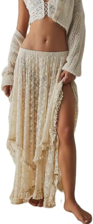 Women Lace Ruffle Courtship Half Slip Elastic Waist Asymmetrical Hemline Midi Skirts Semi Sheer Layered Maxi Skirts