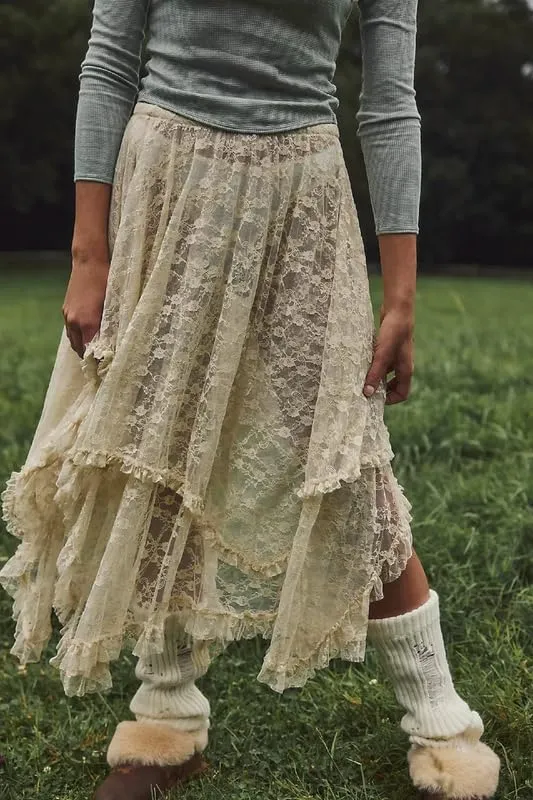 Women Lace Ruffle Courtship Half Slip Elastic Waist Asymmetrical Hemline Midi Skirts Semi Sheer Layered Maxi Skirts