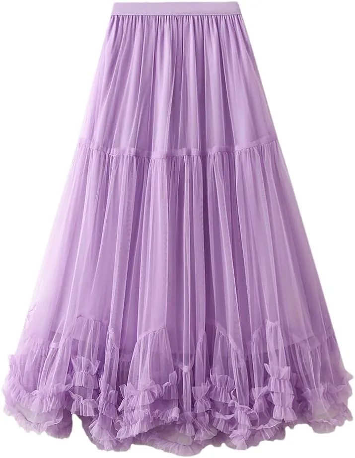 Women Long Elastic High Waist Skirt Ruffle Hem Skirt Fluffy A-Line Solid Color Midi Skirts