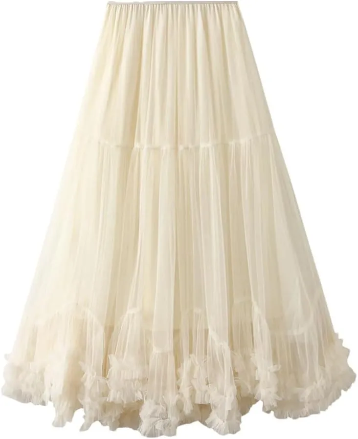 Women Long Elastic High Waist Skirt Ruffle Hem Skirt Fluffy A-Line Solid Color Midi Skirts