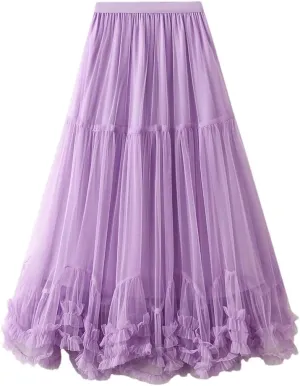Women Long Elastic High Waist Skirt Ruffle Hem Skirt Fluffy A-Line Solid Color Midi Skirts