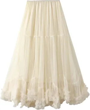 Women Long Elastic High Waist Skirt Ruffle Hem Skirt Fluffy A-Line Solid Color Midi Skirts
