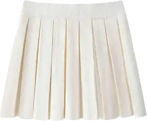 Women Mini Knit Pleated Skirt Vintage Elastic Waist Solid Color Skirt