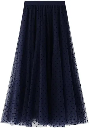 Women Polka Dot Tulle Skirt Casual Elastic High Waist A-Line Mesh Midi Skirts