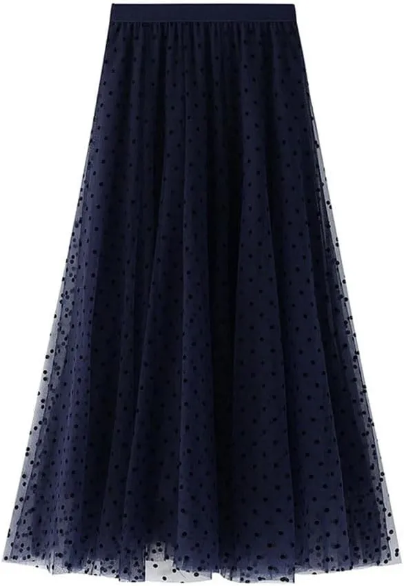 Women Polka Dot Tulle Skirt Casual Elastic High Waist A-Line Mesh Midi Skirts