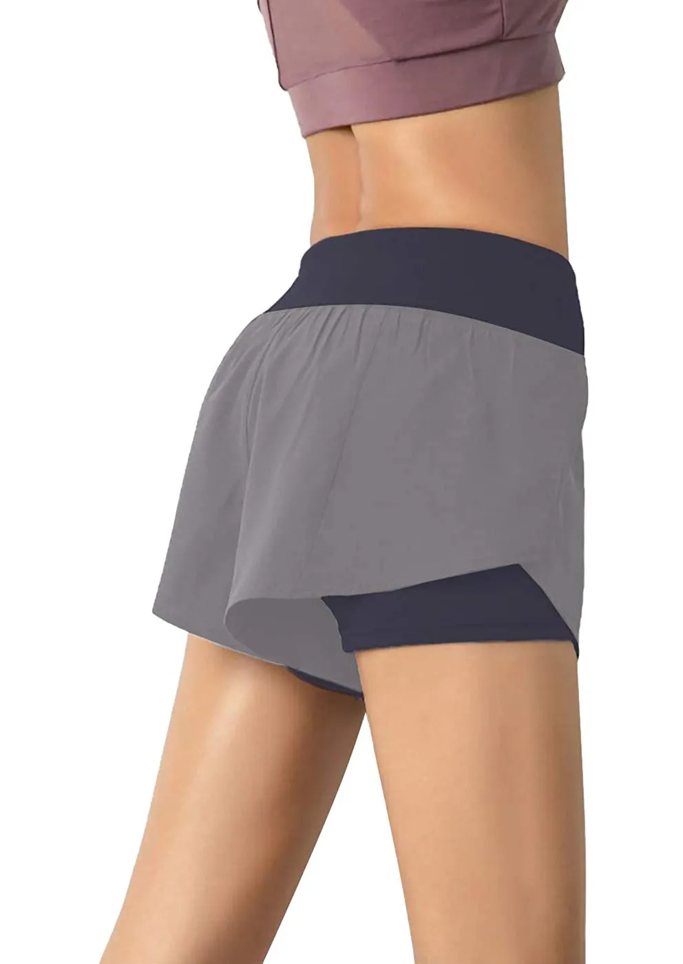 Women Quick-Dry Running Shorts Double Layer Workout Athletic Gym Shorts with Pockets