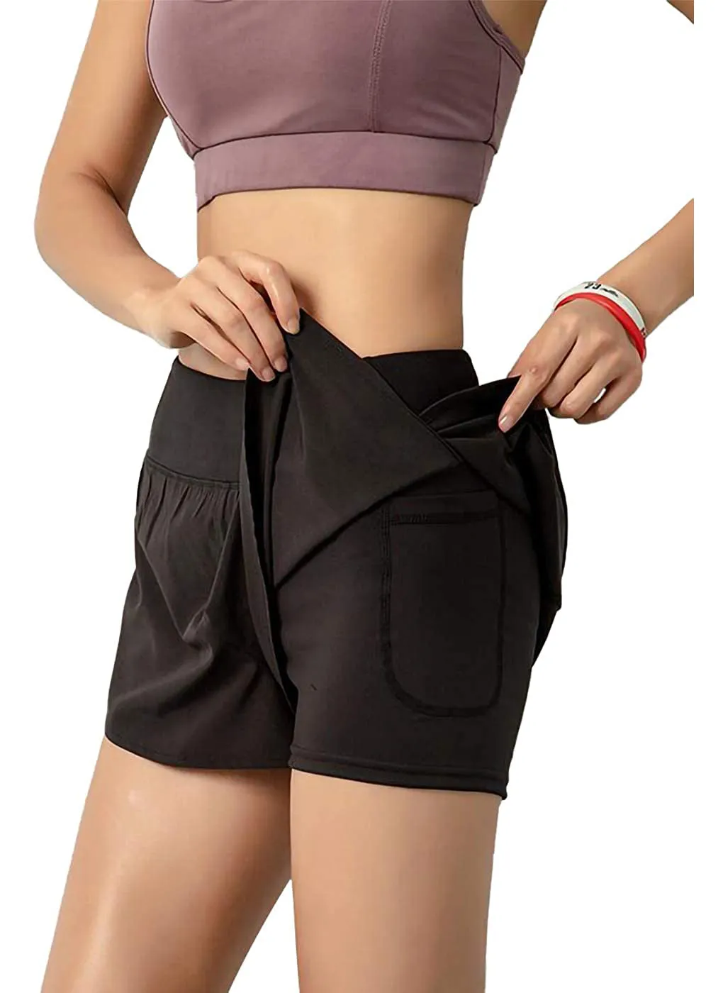 Women Quick-Dry Running Shorts Double Layer Workout Athletic Gym Shorts with Pockets