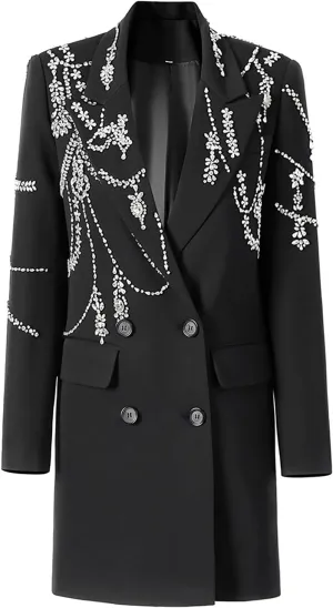 Women Rhinestone Beading Long Blazer Dress Jacket Luxury Shining Double Breasted Notched Collar Suit Fashion Outfit