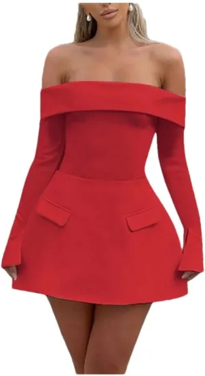 Women Slash Neck Long Sleeve High Waist Mini Dress Female Solid Spliced Pockets Mini Dresses