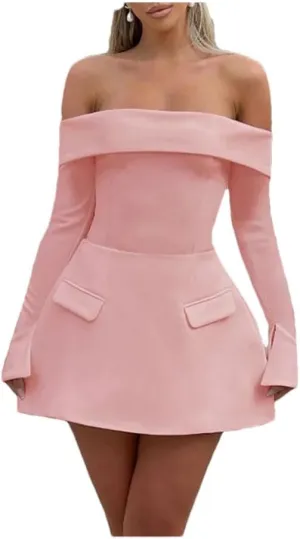 Women Slash Neck Long Sleeve High Waist Mini Dress Female Solid Spliced Pockets Mini Dresses