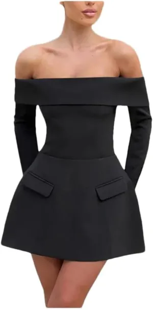 Women Slash Neck Long Sleeve High Waist Mini Dress Female Solid Spliced Pockets Mini Dresses