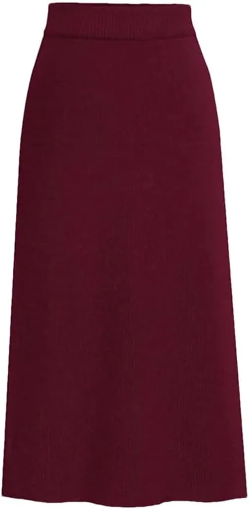 Women Solid Knit Pencil Skirt High Waist Elastic Casual Split Midi Skirts Autumn Winter