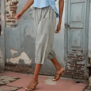 Women Summer Linen Capri Pant High Waist Drawstring Baggy Pant Casual Loose Beach Wide Leg Cropped Trouser with Pocket