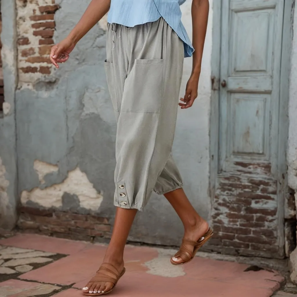 Women Summer Linen Capri Pant High Waist Drawstring Baggy Pant Casual Loose Beach Wide Leg Cropped Trouser with Pocket