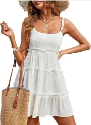 Women Summer Solid Color Dots Spaghetti Strap Mini Dresses Bowknot Leace-Up Backless Short Dress